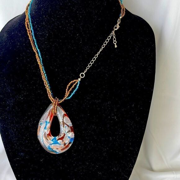 Brown and Turquoise Seed Beaded Necklace with Abstract Glass Loop Pendant - Picture 5 of 5